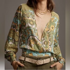Anthropologie TINY  boho floral wrap style blouse top tied lace XS